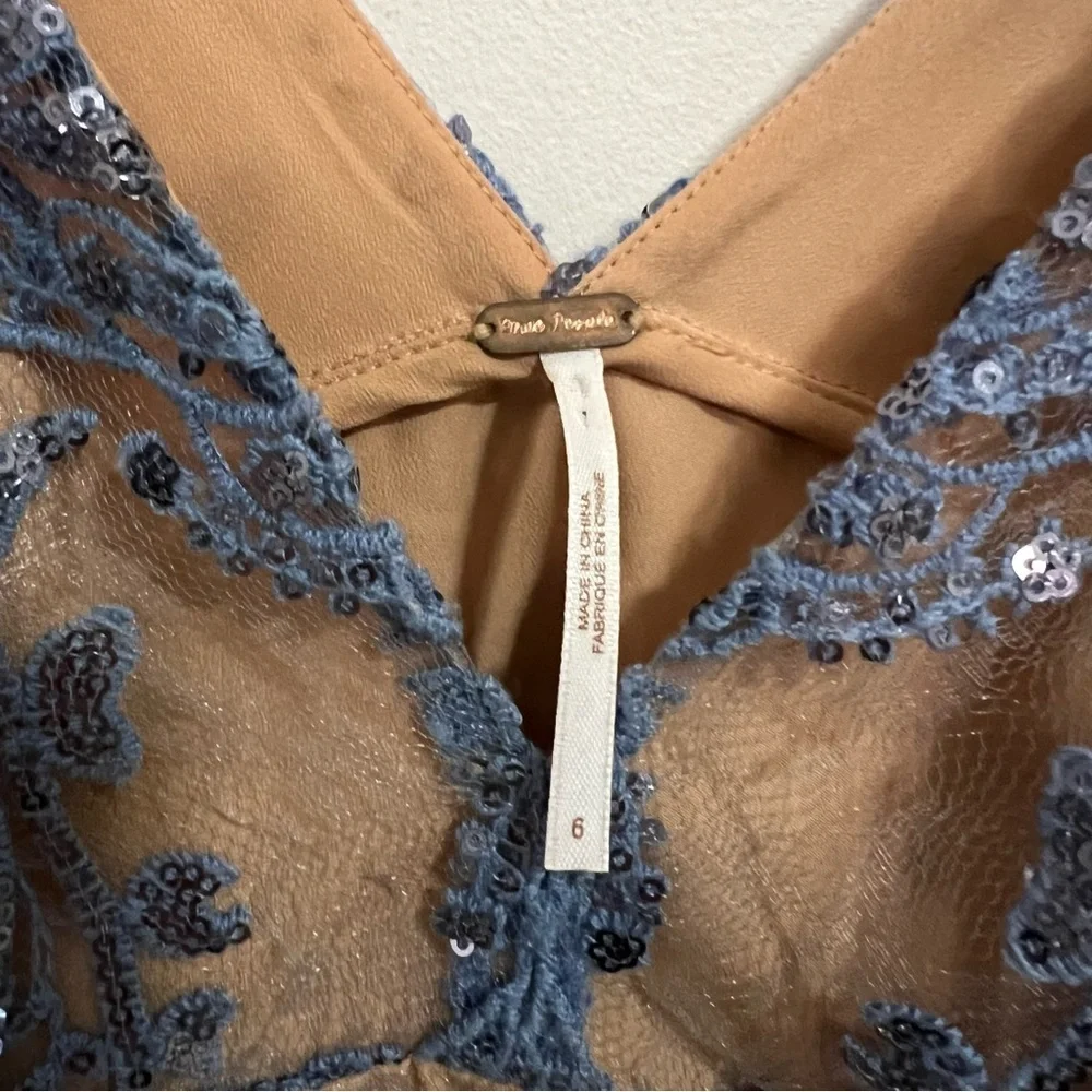 Free People Night Shimmer Blue and Nude Sequin Lace Mini Dress Boho Wedding
